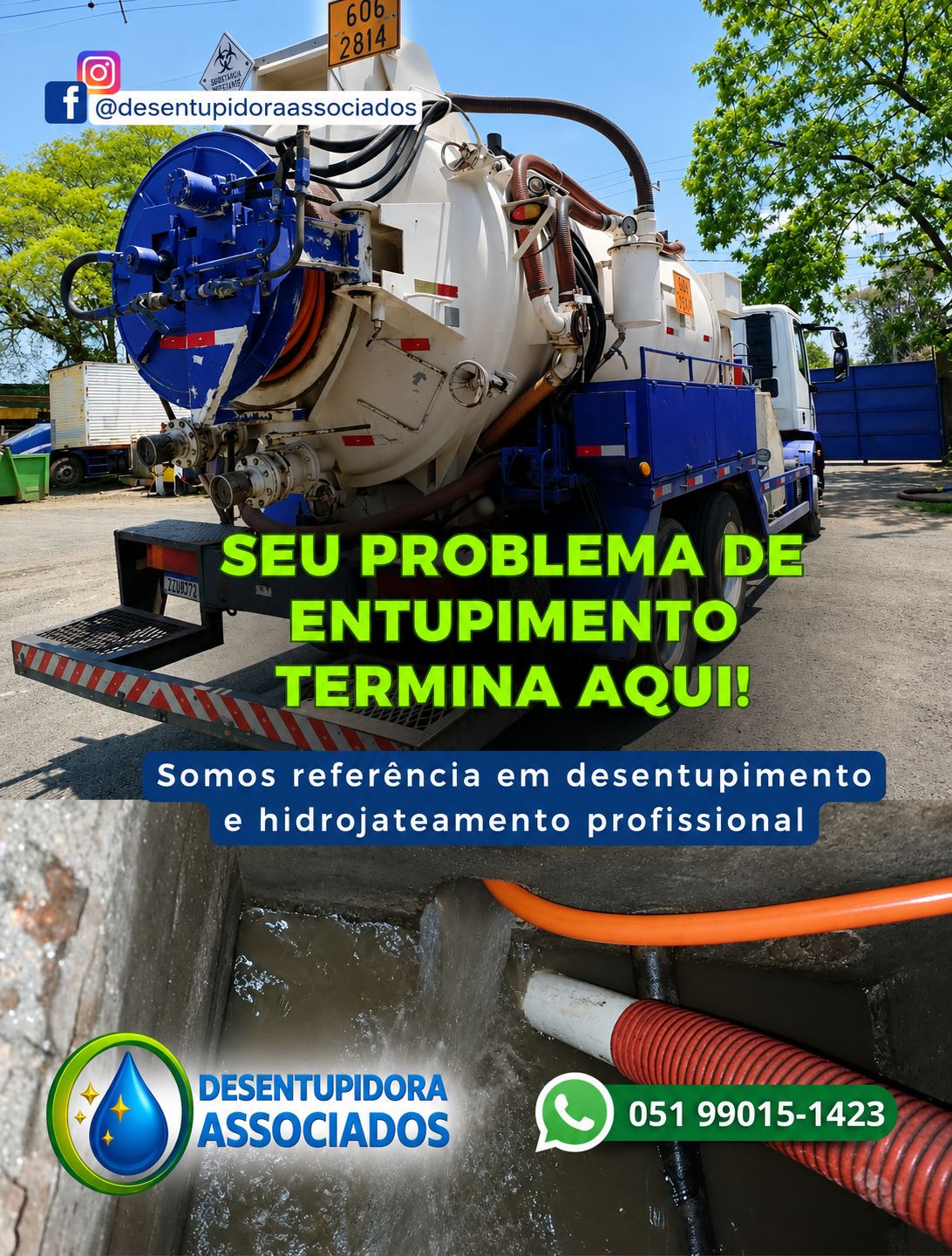 Caminhão de hidrojateamento da Desentupidora Associados